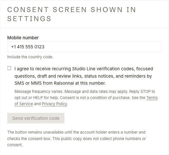 Studio Line Settings consent screen with an unchecked messaging consent box and the required recurring-message disclosures